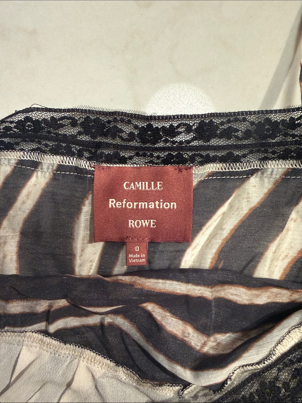 Reformation Camille Rowe Zebra-Print Lace-Trim Slip - Black & Cream - Size 0